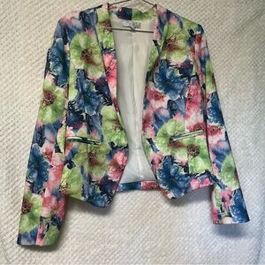Ovi Womens Long Sleeve Blazer Floral Blue Green Business Professional Office MED